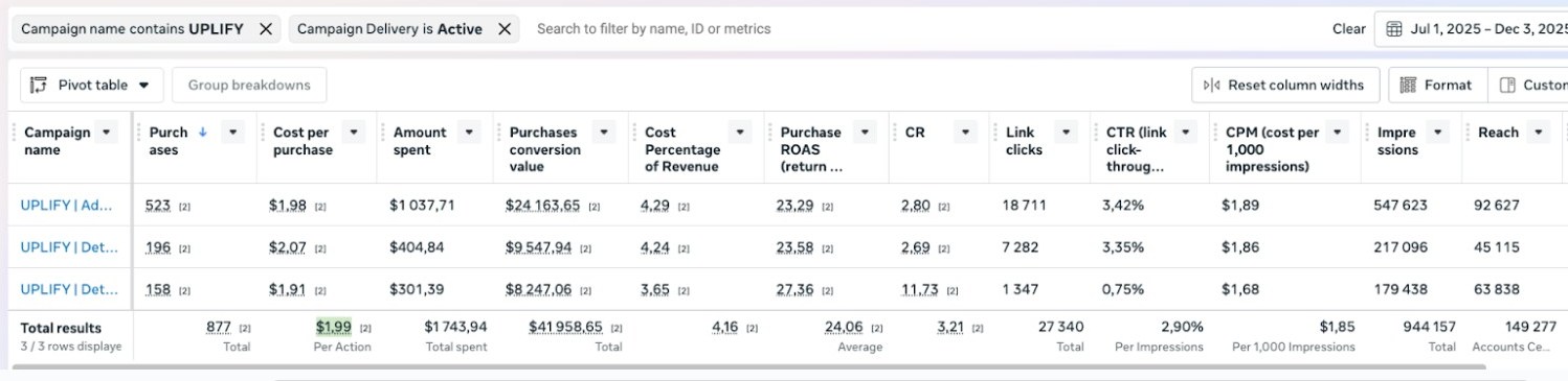 Скріншот Meta Ads кабінет · ROAS 24× · витрати $1 743 · виручка $41 958