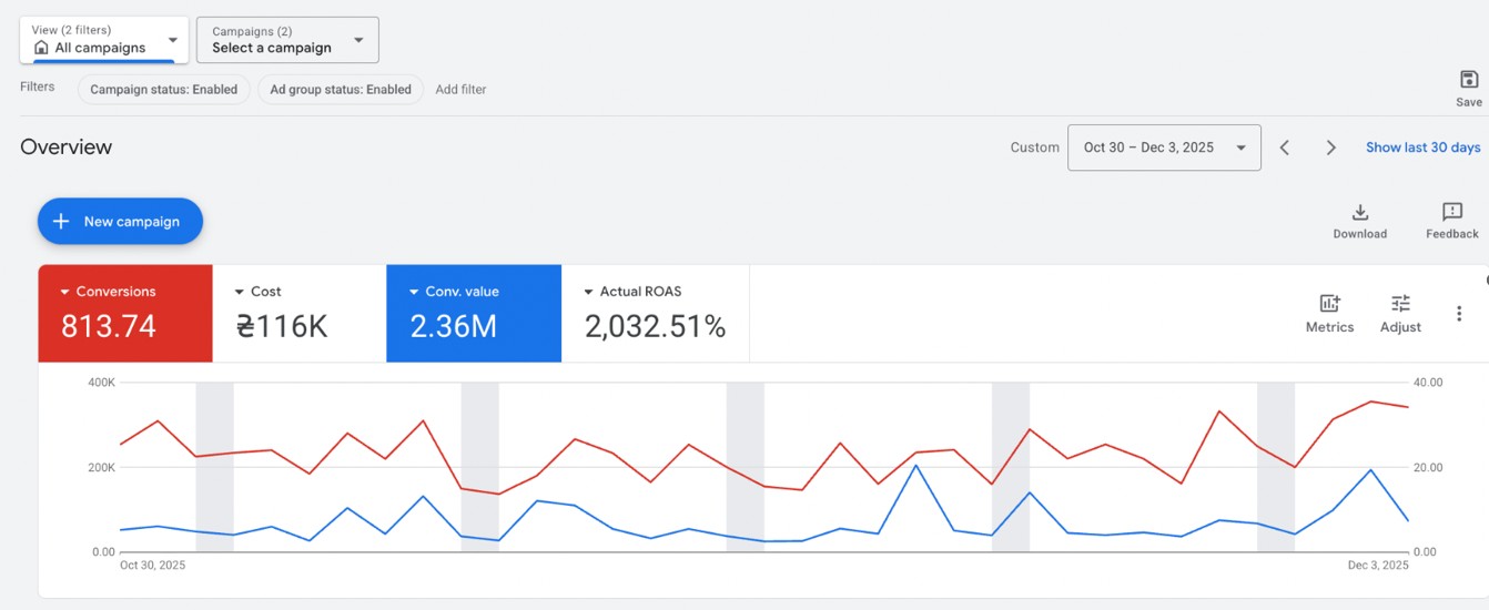 Google Ads · звітний період · ROAS 20.32× (+38%)