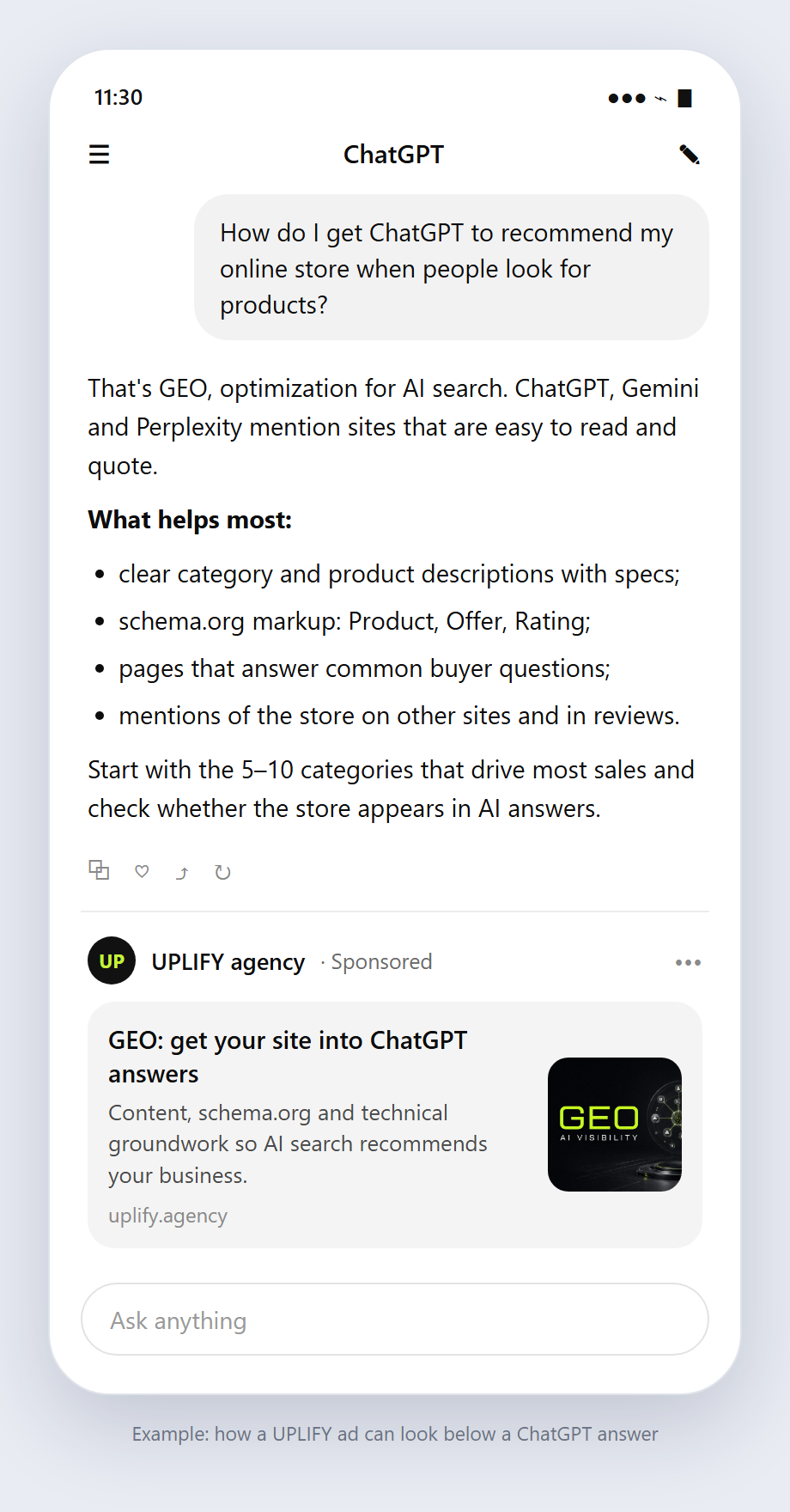 Mockup: a question about GEO in ChatGPT with a UPLIFY ad below the answer