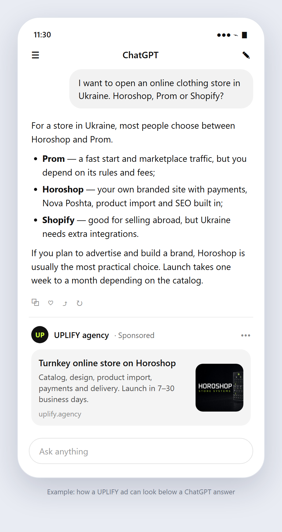 Mockup: a question about an online store platform with a UPLIFY Horoshop ad