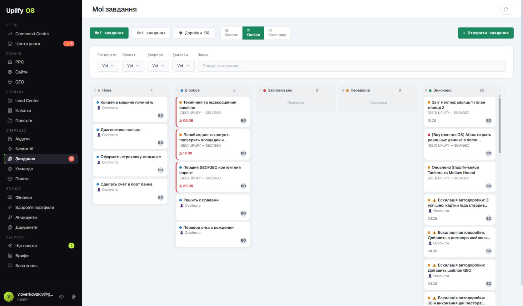 Канбан задач UPLIFY OS в демо-режиме